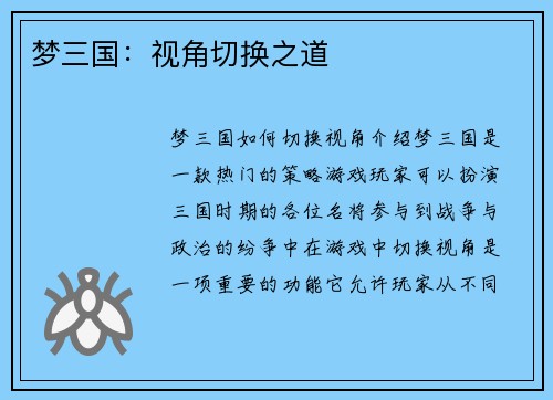 梦三国：视角切换之道